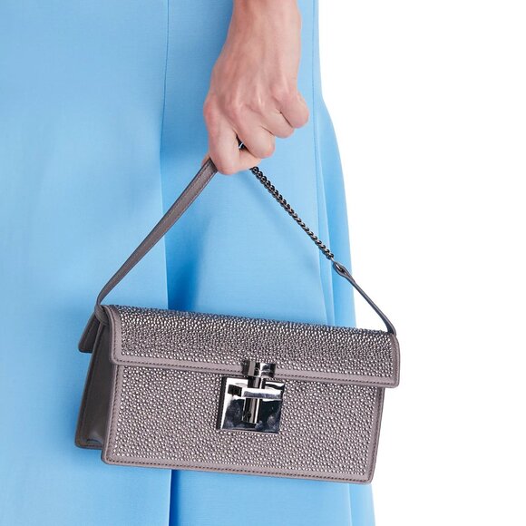 Oscar de la Renta Alibi Slim Crystal Pave Satin Shoulder Bag - Gray - Picture 3 of 9